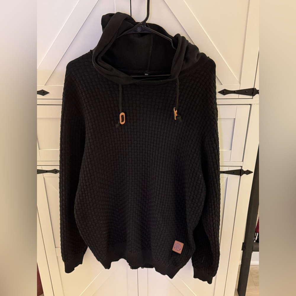 Black Hooded Sweater with Leather Accents